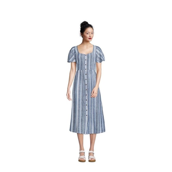 Lands' End Dresses & Skirts - Lands End Blue Striped 100% Linen Scoop Neck Maxi Dress Size Small (6-8)